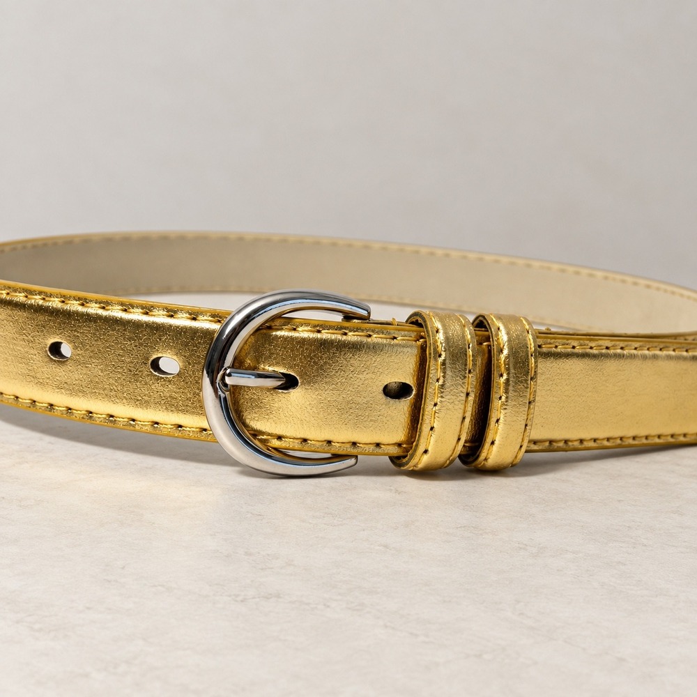 Metallic Gold Genuine Leather Belt Silver Buckle Size L Bold Glam Career 90s Y2K